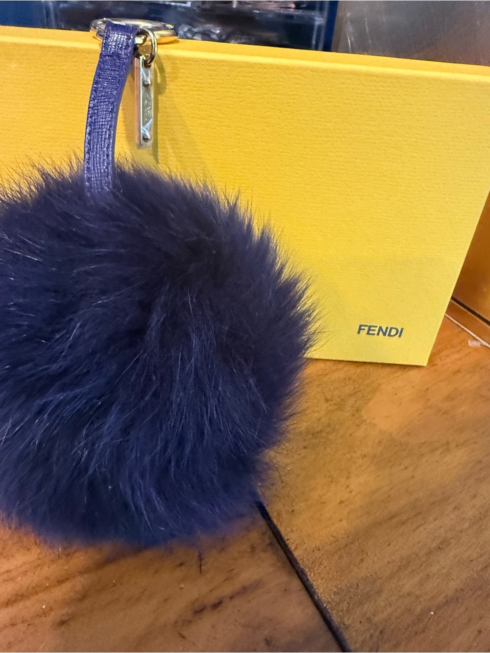 Fendi Dark Blue Fur Pom-Pom Key & Card Holder Charm